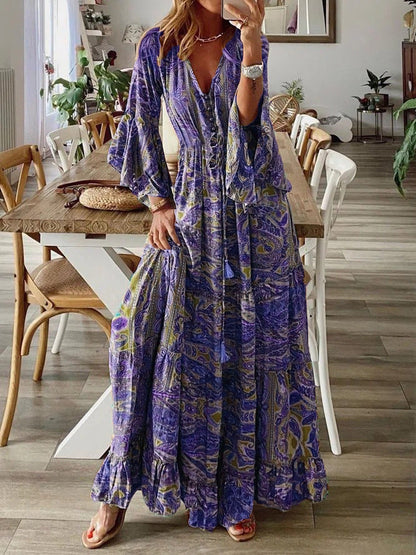 Women's Bohemian Dress V-neck Floral Printed Puff Long Sleeve Boho Beach Dress