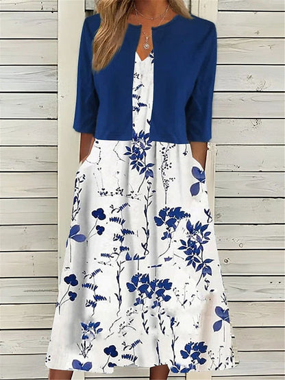 Women's Two Piece Dress Set Casual Dress Print Dress Daily Vacation Fashion Elegant Pocket Print Midi Dress Crew Neck Half Sleeve Floral Regular Fit Black Navy Blue Green Summer Spring S M L XL XXL