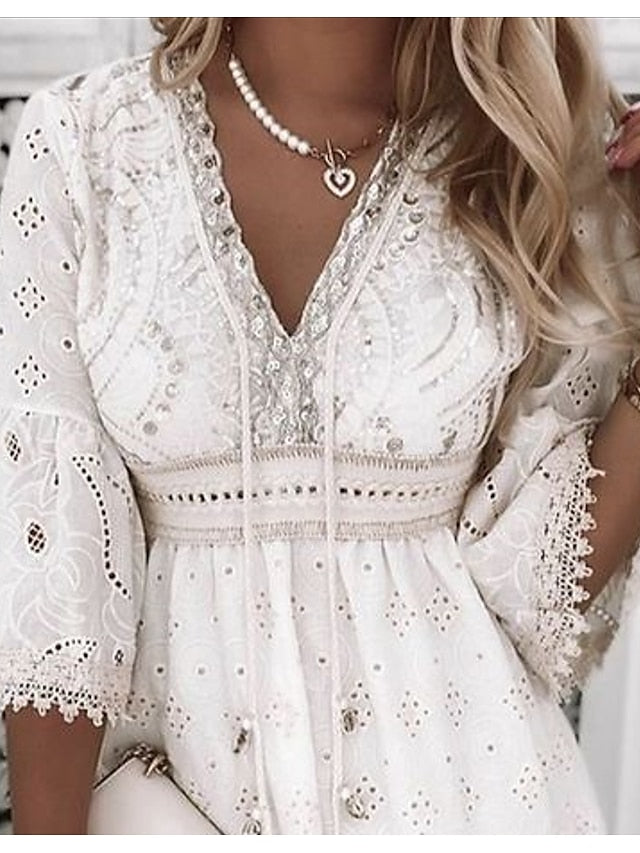 Women‘s Party Dress Casual Dress Lace Dress Mini Dress White Beige 3/4 Length Sleeve Embroidery Ruched Summer Spring Fall V Neck Fashion Wedding Summer Dress Office S M L XL 2XL 3XL