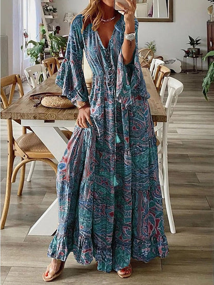 Women's Casual Dress Swing Dress Boho Dress Graphic Ruffle Print V Neck Flared Sleeve Long Dress Maxi Dress Fashion Streetwear Street Holiday Long Sleeve Loose Fit Red Blue Purple Summer Spring S M L