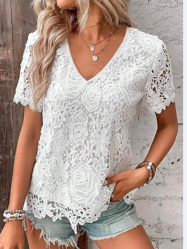 Women's T shirt Tee Black White Wine Plain Lace Short Sleeve Casual Basic V Neck Regular S