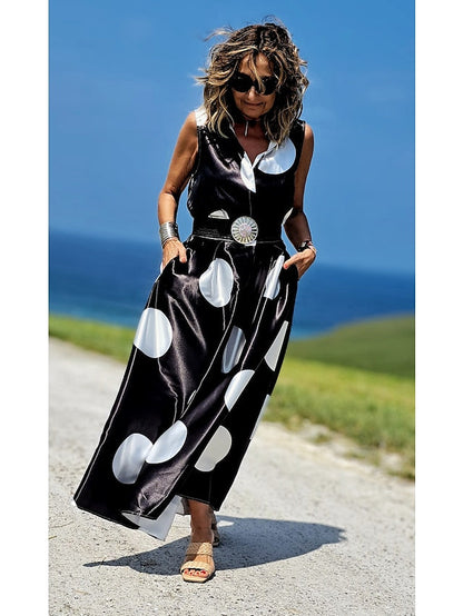 Women's Shirt Dress Casual Dress Swing Dress Maxi long Dress Outdoor Office Daily Satin Fashion Modern Shirt Collar Button Pocket Sleeveless Summer Spring Regular Fit Black White Green Polka Dot