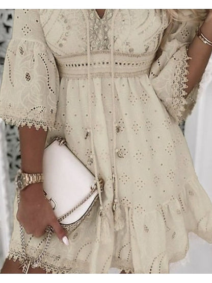 Women‘s Party Dress Casual Dress Lace Dress Mini Dress White Beige 3/4 Length Sleeve Embroidery Ruched Summer Spring Fall V Neck Fashion Wedding Summer Dress Office S M L XL 2XL 3XL