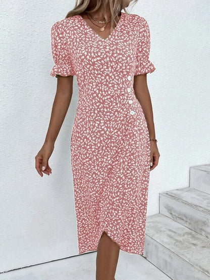 Women's Casual Dress Wrap Dress Floral Dress Floral Button Print V Neck Midi Dress Fashion Classic Daily Holiday Short Sleeve Regular Fit Black Dark Red Yellow Summer Spring S M L XL XXL