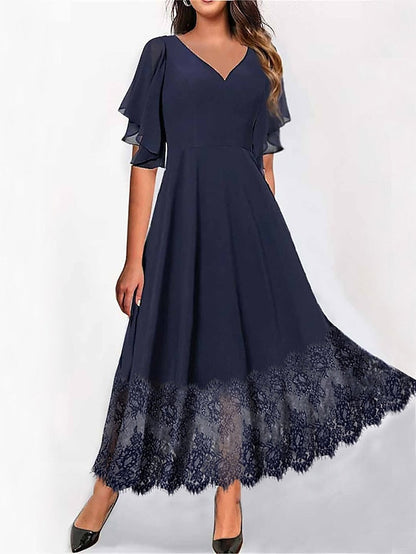 Women's Long Dress Maxi Dress Casual Dress Lace Dress Chiffon Dress Plain Fashion Modern Outdoor Daily Holiday Lace Ruffle Short Sleeve V Neck Dress Regular Fit Navy Blue Summer Spring S M L XL XXL