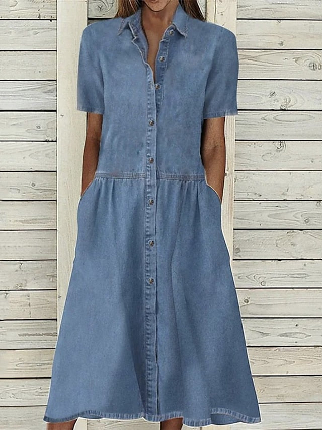 Women's Casual Dress Denim Shirt Dress Maxi long Dress Denim Basic Modern Outdoor Daily Vacation Shirt Collar Button Pocket Short Sleeve Summer Spring Fall Regular Fit Blue Pure Color S M L XL