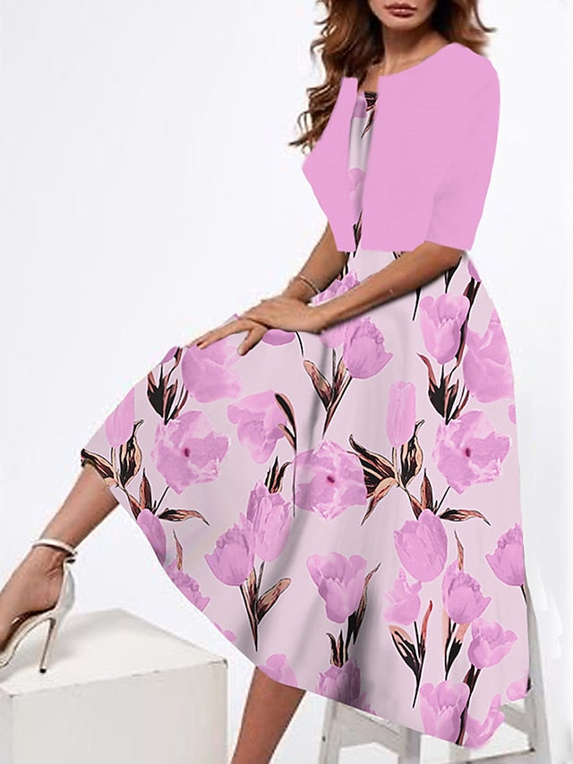 Women's Two Piece Dress Set Casual Dress Tank Dress Outdoor Daily Fashion Streetwear Print Midi Dress Strap Half Sleeve Floral Loose Fit Pink Dark Pink Peach Summer Spring S M L XL XXL