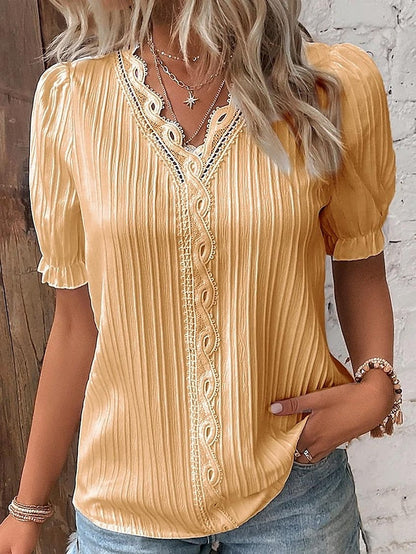 Women's Shirt Blouse yellow-green Violets White Plain Lace Short Sleeve Casual Basic V Neck Regular S