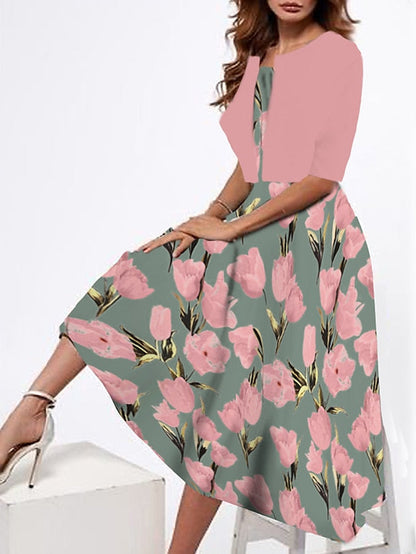 Women's Two Piece Dress Set Casual Dress Tank Dress Outdoor Daily Fashion Streetwear Print Midi Dress Strap Half Sleeve Floral Loose Fit Pink Dark Pink Peach Summer Spring S M L XL XXL