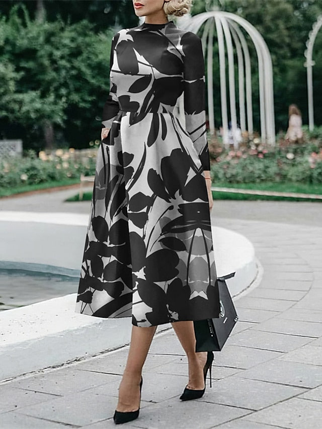 Women's Sheath Dress Midi Dress Midi Dress Black White Red Long Sleeve Floral Ruched Fall Winter Autumn Shirt Collar Stylish Winter Dress Fall Dress S M L XL XXL 3XL