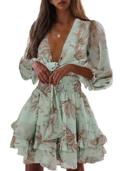 Women's Casual Dress Chiffon Dress A Line Dress Mini Dress Pink Green Gray Long Sleeve Floral Print Summer Spring Deep V Vacation S M L XL