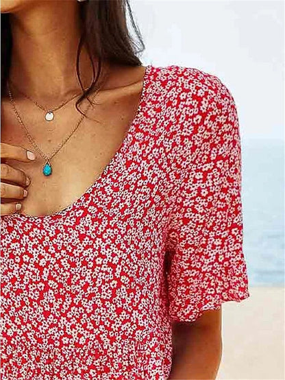 Women's Casual Dress Floral Dress Boho Dress Floral Print Square Neck Midi Dress Active Fashion Outdoor Daily Short Sleeve Regular Fit Yellow Red Dark Blue Summer Spring S M L XL XXL