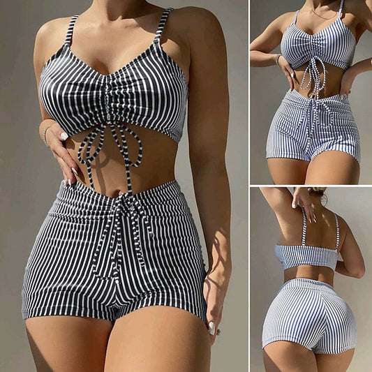 2 pcs Swimwear Bikini Swimsuits Sexy Y2K Women's Striped Polyester Black Blue Bra Briefs