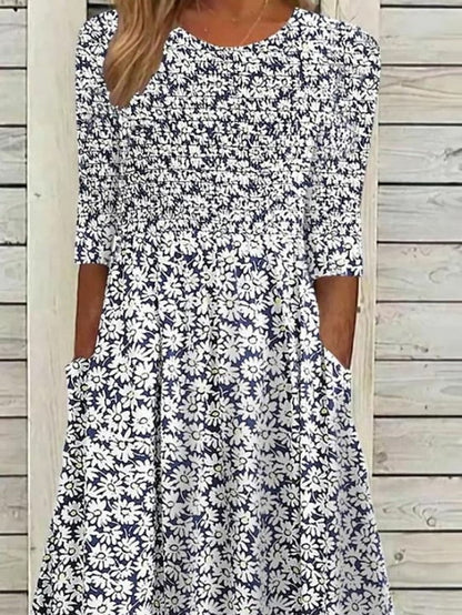 Women's Casual Dress Floral Dress Summer Dress Floral Ruched Pocket Crew Neck Midi Dress Fashion Modern Outdoor Daily Half Sleeve Regular Fit White Blue Green Summer Spring S M L XL XXL