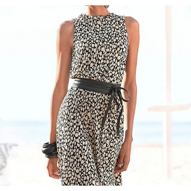 Women‘s Sheath Dress Midi Dress Khaki Sleeveless Color Block Leopard Ruched Print Spring Summer Crew Neck Stylish Elegant XXL