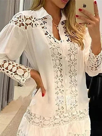 Women's Shirt Dress Casual Dress Cotton Linen Dress Mini Dress Lace Basic Classic Outdoor Daily Vacation Shirt Collar Lace Patchwork Long Sleeve Summer Spring Fall Loose Fit White Sky Blue Plain