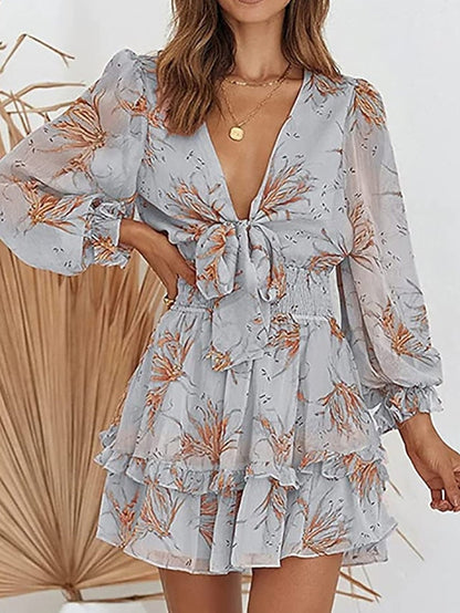 Women's Casual Dress Chiffon Dress A Line Dress Mini Dress Pink Green Gray Long Sleeve Floral Print Summer Spring Deep V Vacation S M L XL