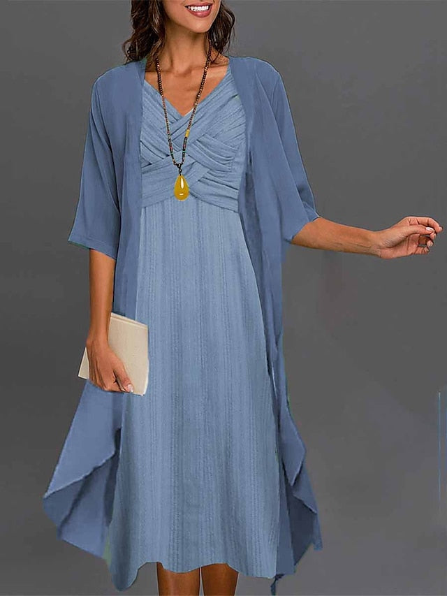 Women's Two Piece Dress Set Casual Dress Chiffon Dress Daily Vacation Fashion Elegant Twist Knot Front Midi Dress V Neck 3/4 Length Sleeve Plain Regular Fit Blue Green Summer Spring S M L XL XXL