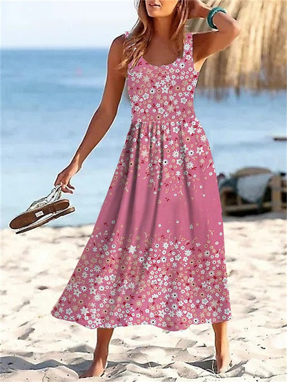 Women's Casual Dress Swing Dress A Line Dress Floral Ditsy Floral Print U Neck Midi Dress Active Fashion Outdoor Daily Sleeveless Regular Fit Light Green Pink Blue Summer Spring S M L XL XXL