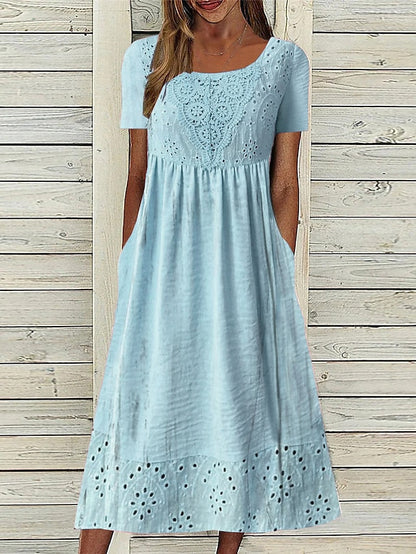 Women's Casual Dress Cotton Linen Dress Swing Dress Midi Dress Cotton Blend Basic Modern Outdoor Daily Crew Neck Lace Ruched Short Sleeve Summer Spring  Loose Fit Blue Plain S M L XL 2XL