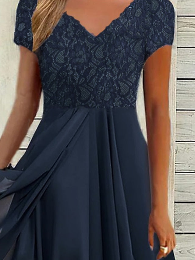 Women's Party Dress Chiffon Dress Formal Dress Midi Dress Navy Blue Short Sleeve Floral Ruched Spring Summer V Neck Vacation Wedding Guest Date Vacation S M L XL XXL 3XL