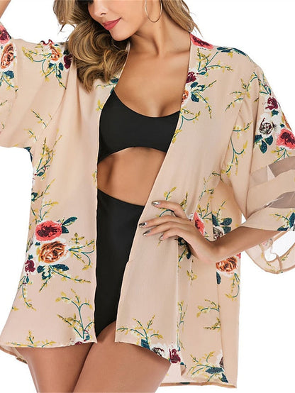 Women's Casual Jacket Outdoor Daily Vacation Spring Regular Coat Regular Fit Breathable Bohemian Style Casual Daily Minimalism Jacket 3/4 Length Sleeve Floral Plain Oversize Print Black White Pink