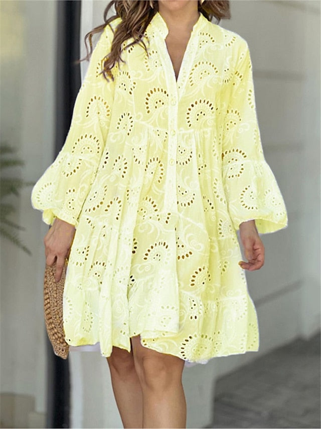 Women's Casual Dress White Dress Summer Dress Mini Dress Button Eyelet Daily Holiday Date Fashion Basic Split Neck Long Sleeve Loose Fit White Yellow Pink Color S M L XL XXL Size