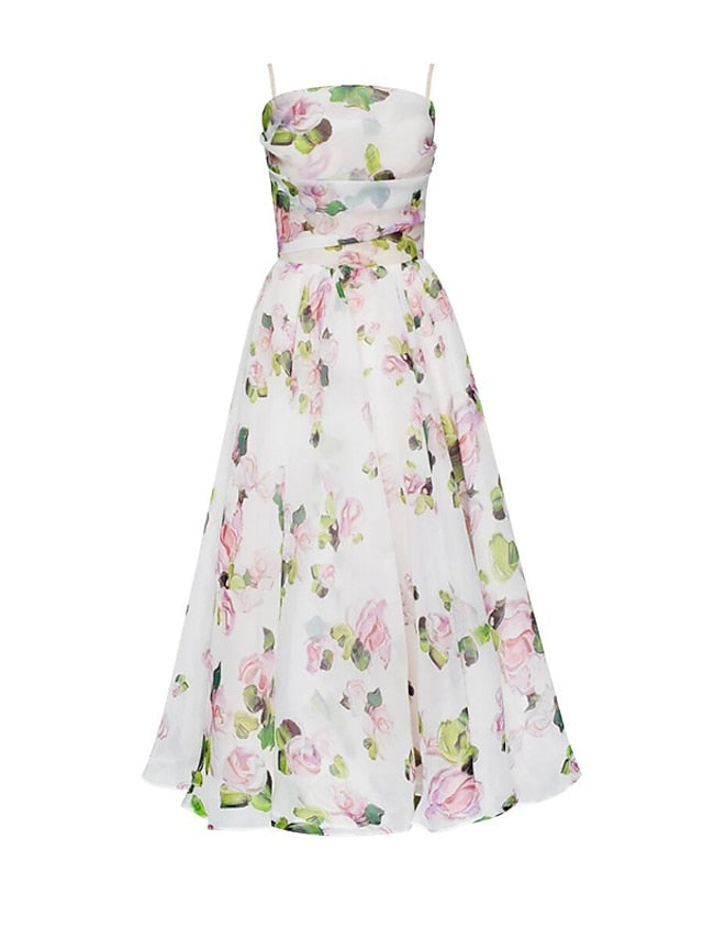 Women‘s Party Dress Wedding Guest Slip Dress Midi Dress Green Purple Pink Sleeveless Floral Print Spring Summer Spaghetti Strap Modern Party XS S M L XL XXL