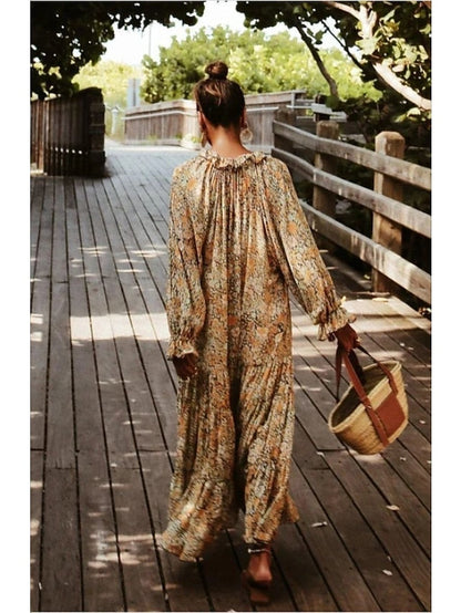 Women's Casual Dress Swing Dress Long Dress Maxi Dress Boho Dress Khaki Long Sleeve Floral Print Spring Summer Dress V Neck Dress Loose Fit S M L XL XXL 3XL