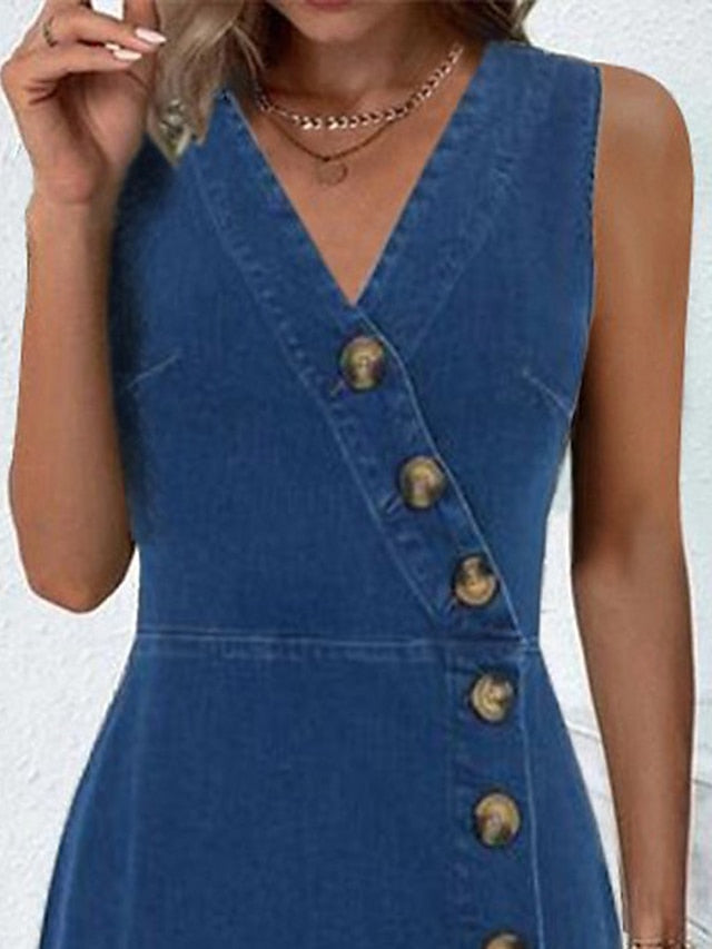 Women's Denim Dress Work Dress Bodycon Midi Dress Denim Fashion Modern Outdoor Office Daily V Neck Button Sleeveless Summer Spring Loose Fit Black Blue Plain S M L XL 2XL