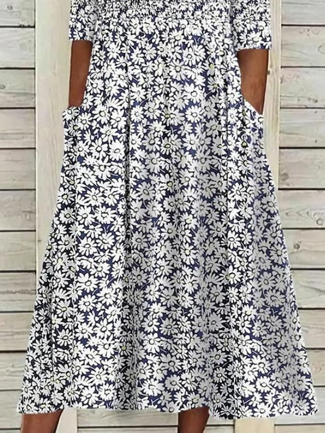 Women's Casual Dress Floral Dress Summer Dress Floral Ruched Pocket Crew Neck Midi Dress Fashion Modern Outdoor Daily Half Sleeve Regular Fit White Blue Green Summer Spring S M L XL XXL