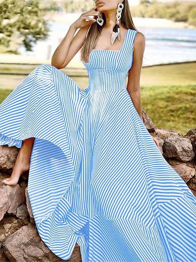 Women's Long Dress Maxi Dress Casual Dress Swing Dress A Line Dress Striped Basic Fashion Holiday Vacation Going out Ruffle Print Sleeveless Square Neck Dress Regular Fit Black Red Blue Spring Summer