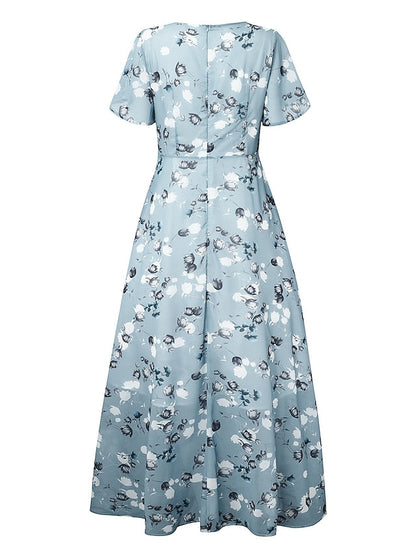 Women's Casual Dress Swing Dress Floral Dress Chiffon Long Dress Maxi Dress Green Blue Light Blue Short Sleeve Floral Ruffle Spring Summer V Neck Fashion Daily Date Vacation S M L XL XXL 3XL