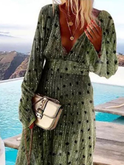 Women's Long Dress Maxi Dress Party Dress Sheath Dress Swing Dress Polka Dot Mature Elegant Dress Wedding Party Holiday Zipper Velvet Long Sleeve V Neck Dress Loose Fit Green Summer Spring S M L XL