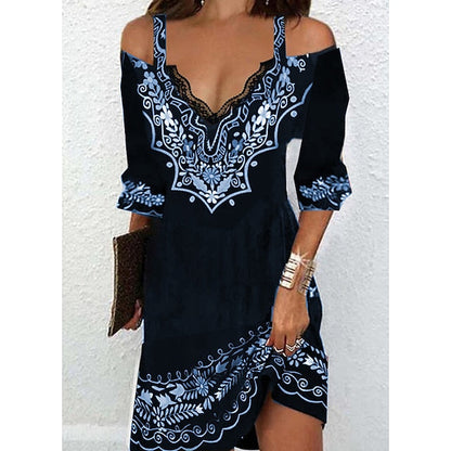 Women‘s Casual Dress Ethnic Dress Mini Dress Black 3/4 Length Sleeve Pure Color Print Summer Spring Fall V Neck Stylish S M L XL XXL 3XL