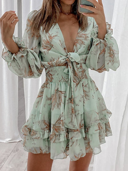 Women's Casual Dress Chiffon Dress A Line Dress Mini Dress Pink Green Gray Long Sleeve Floral Print Summer Spring Deep V Vacation S M L XL