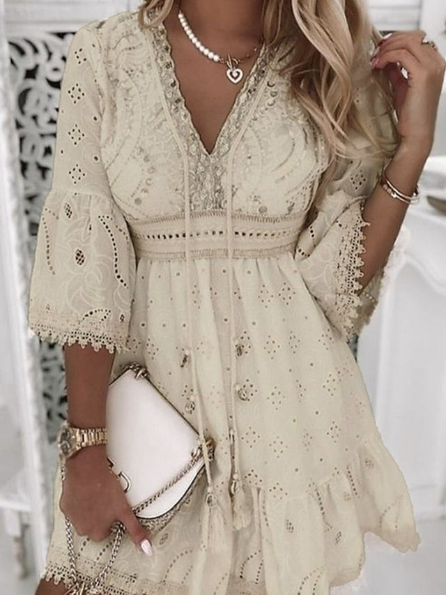 Women‘s Party Dress Casual Dress Lace Dress Mini Dress White Beige 3/4 Length Sleeve Embroidery Ruched Summer Spring Fall V Neck Fashion Wedding Summer Dress Office S M L XL 2XL 3XL