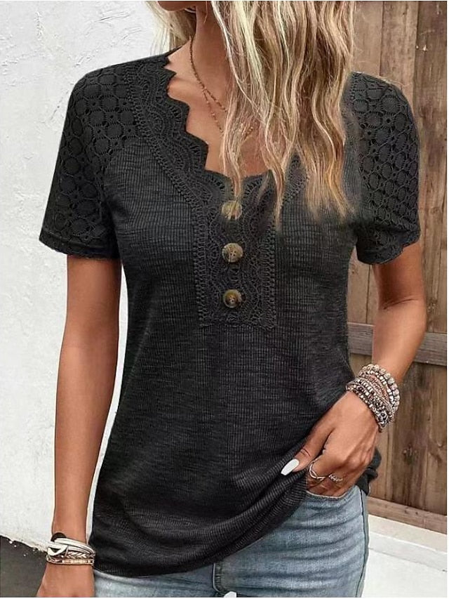 Women's T shirt Tee Black White Red Plain Lace Button Short Sleeve Daily Weekend Basic V Neck Regular S