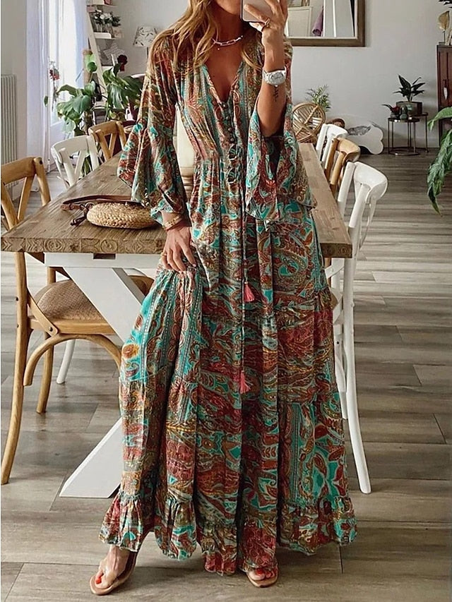 Women's Casual Dress Swing Dress Boho Dress Graphic Ruffle Print V Neck Flared Sleeve Long Dress Maxi Dress Fashion Streetwear Street Holiday Long Sleeve Loose Fit Red Blue Purple Summer Spring S M L