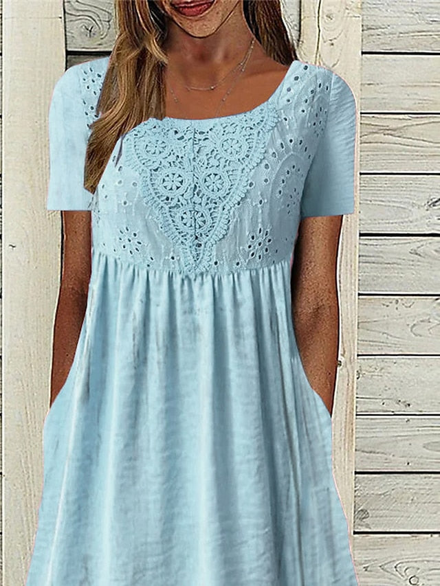 Women's Casual Dress Cotton Linen Dress Swing Dress Midi Dress Cotton Blend Basic Modern Outdoor Daily Crew Neck Lace Ruched Short Sleeve Summer Spring  Loose Fit Blue Plain S M L XL 2XL