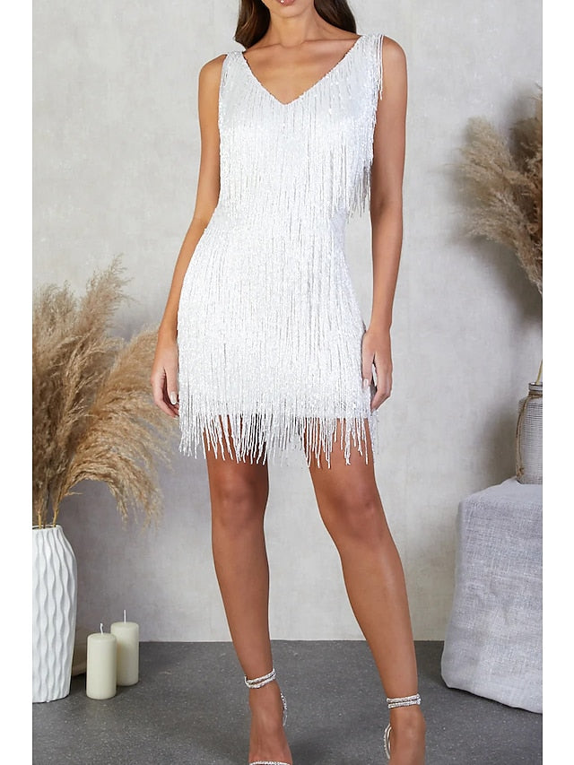 Women‘s Party Dress Fringe Dress Short Mini Dress White Gold Sleeveless Pure Color Tassel Fringe Spring Summer Spaghetti Strap Party Sexy Gatsby Party S M L XL XXL / Winter