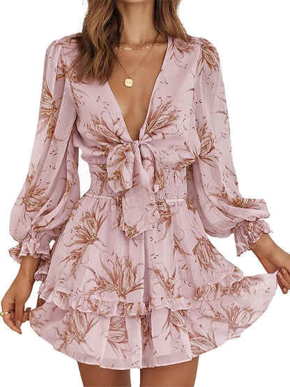 Women's Casual Dress Chiffon Dress A Line Dress Mini Dress Pink Green Gray Long Sleeve Floral Print Summer Spring Deep V Vacation S M L XL