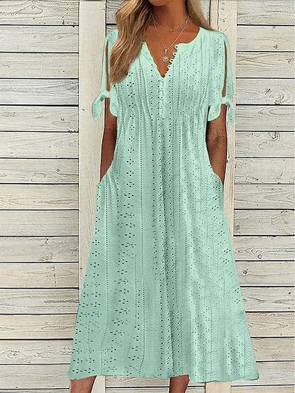 Women's Casual Dress Summer Dress Pleated Dress Plain Lace Ruched V Neck Midi Dress Fashion Elegant Outdoor Daily Short Sleeve Loose Fit White Pink Blue Summer Spring S M L XL XXL