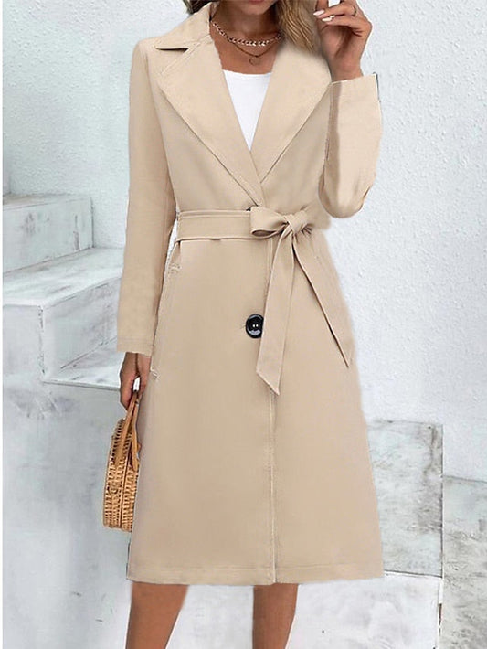 Women's Trench Coat Warm Breathable Outdoor Office Work Button Pocket Single Breasted Turndown OL Style Elegant Modern Solid Color Regular Fit Outerwear Long Sleeve Winter Fall Black Wine Khaki M L