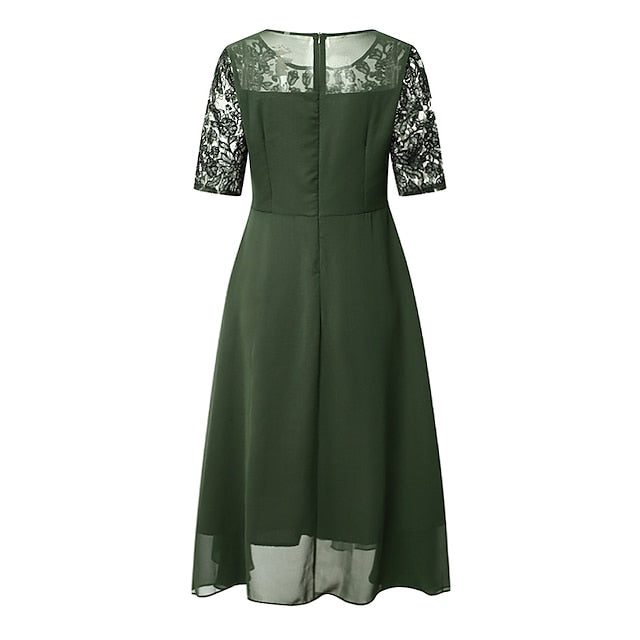 Women‘s Cocktail Party Dress Lace Dress Midi Dress Green Blue Purple Half Sleeve Floral Embroidery Lace Summer Spring Crew Neck Elegant Classic Wedding Guest S M L XL XXL 3XL