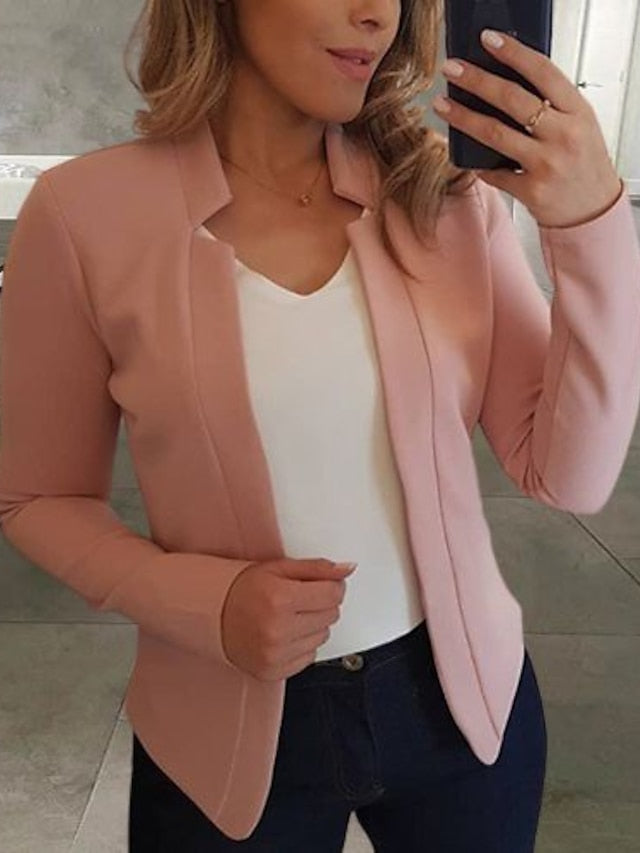 Women's Blazer Solid Color Classic Office / Business Long Sleeve Coat Spring Fall Causal Open Front Regular Jacket Light Pink