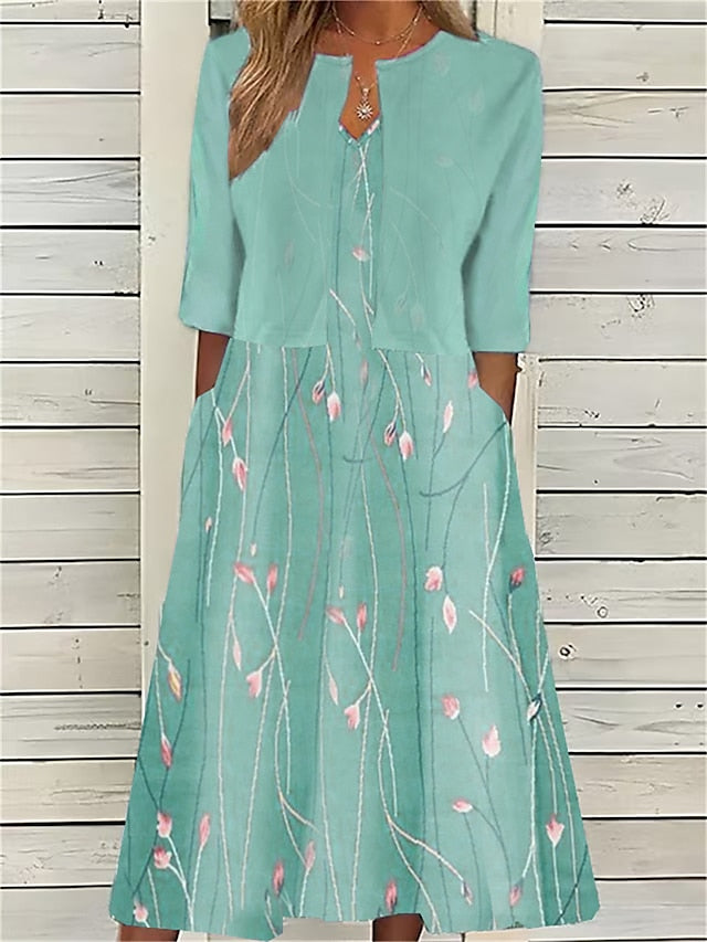 Women's Two Piece Dress Set Casual Dress Print Dress Outdoor Daily Fashion Elegant Pocket Print Midi Dress Crew Neck Half Sleeve Floral Regular Fit Pink Blue Green Summer Spring S M L XL XXL