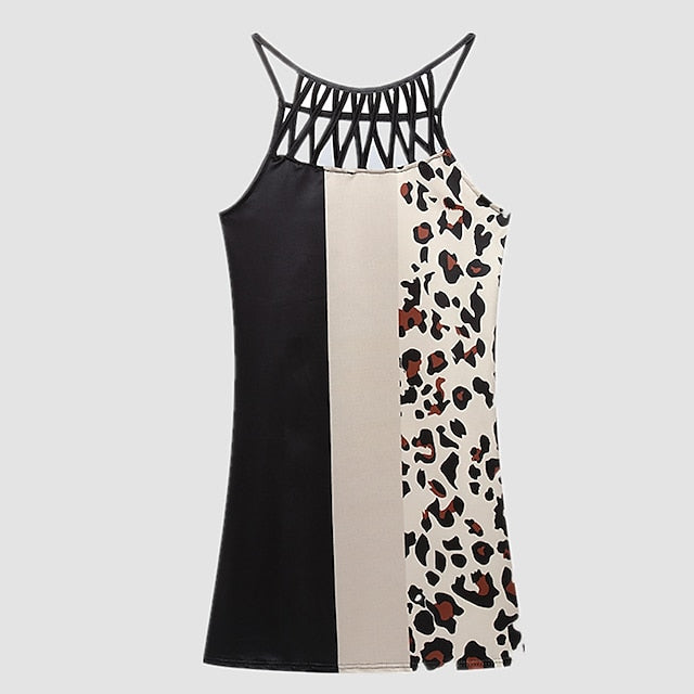 Women's Casual Dress Halter Neck Dress Midi Dress Leopard Black Wine Sleeveless Geometric Cut Out Summer Spring Halter Fashion Vacation S M L XL XXL 3XL