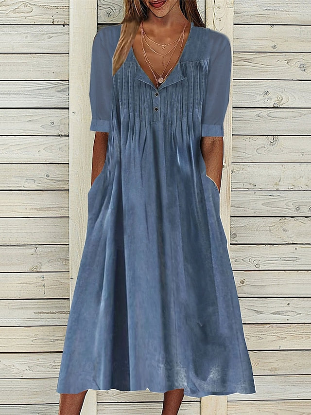 Women's Casual Dress Cotton Linen Dress Swing Dress Midi Dress Cotton Blend Fashion Basic Outdoor Daily Vacation Split Neck Button Pocket Short Sleeve Summer Spring Regular Fit Blue Plain S M L