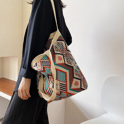 Lady Knitting Gypsy Bohemian Boho Chic Aztec Tote Bag Women Crochet Woolen Open Shopper Top-handle Bag Female Daily Handbag